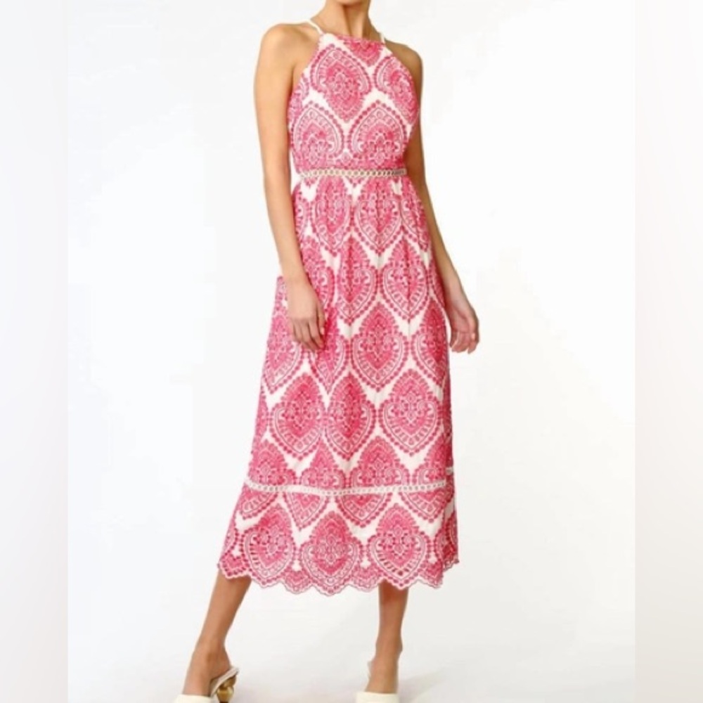Adelyn Rae Pink/White Embroidery Eyelet Midi Dress
